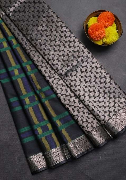 Bangalori Silk Saree Elephant Grey With Allover Ikat Weaves And Zari Woven Border With Traditional Woven Design For Women