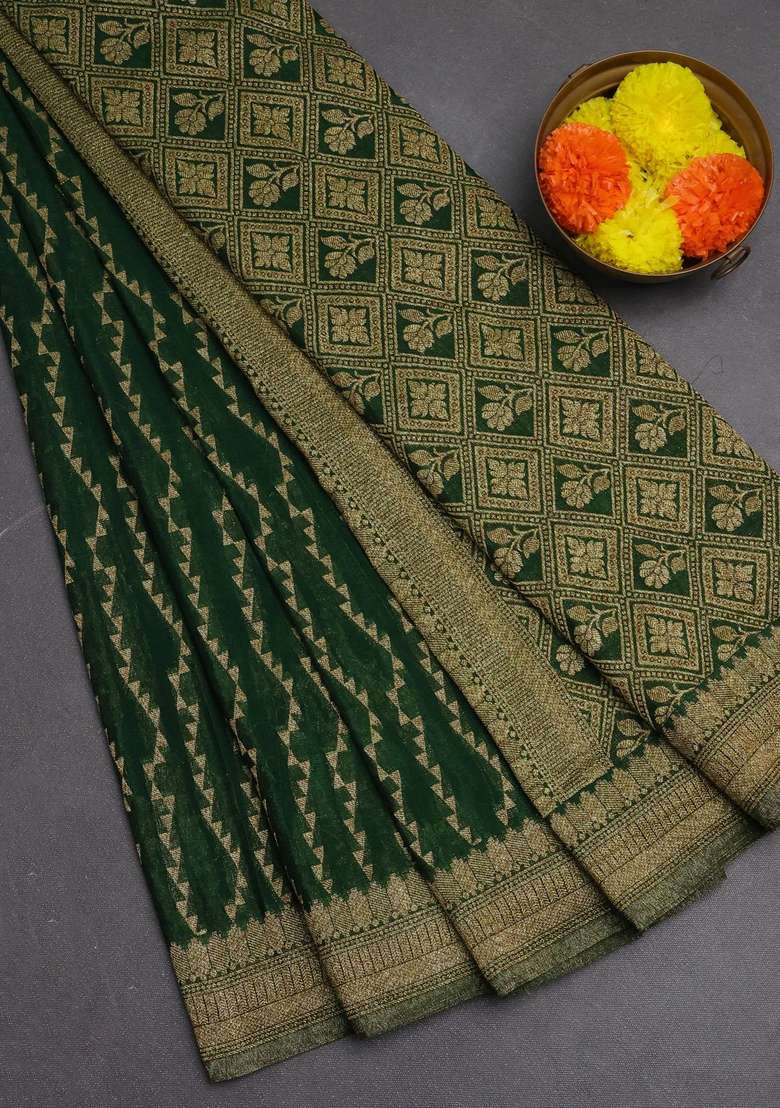 Banarasi Semi Crepe Saree Green With Allover Geometric Weaves And Woven Border With Traditional Woven Design For Women - Indya