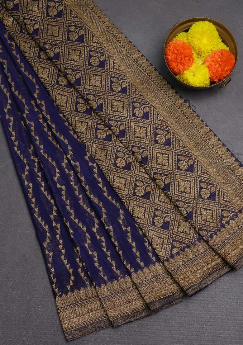Banarasi Semi Crepe Saree Navy Blue With Allover Geometric Weaves And Woven Border With Traditional Woven Design For Women - Indya