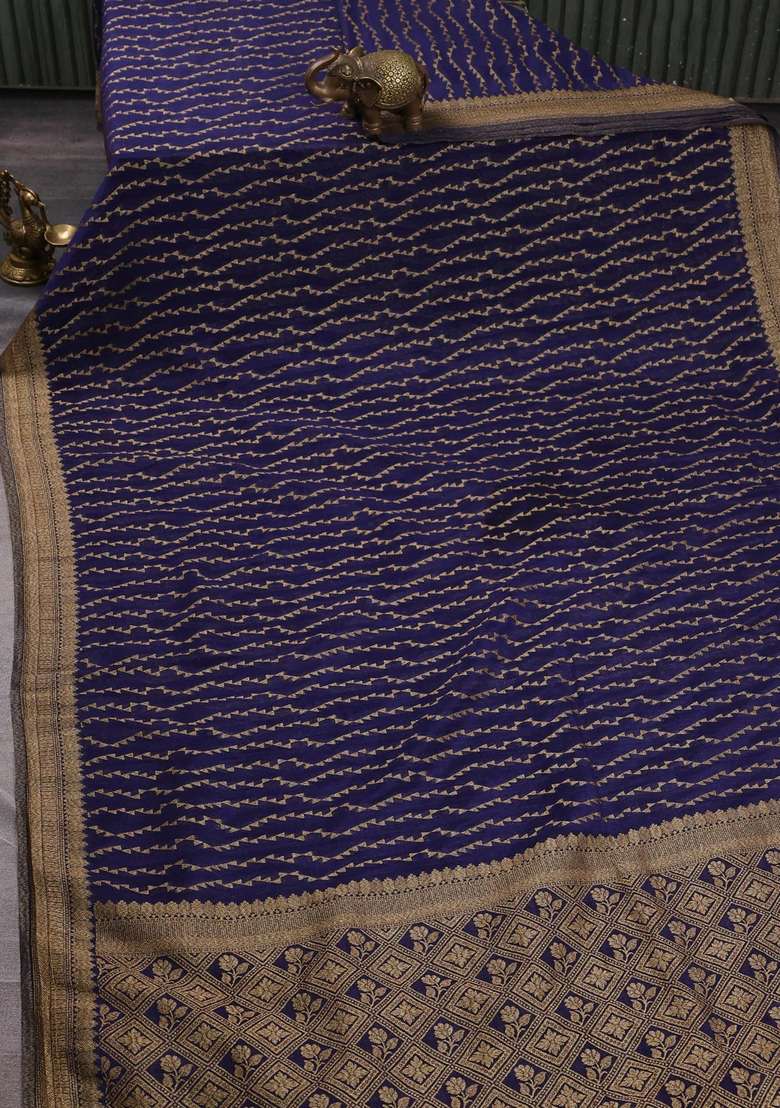 Banarasi Semi Crepe Saree Navy Blue With Allover Geometric Weaves And Woven Border With Traditional Woven Design For Women - Indya