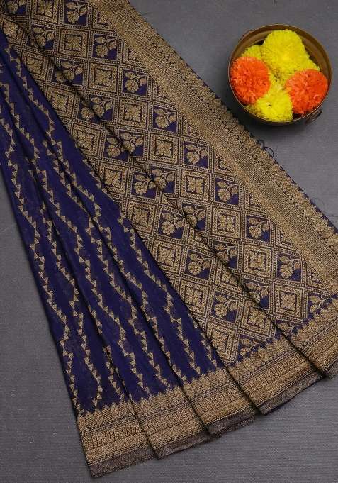 Banarasi Semi Crepe Saree Navy Blue With Allover Geometric Weaves And Woven Border With Traditional Woven Design For Women