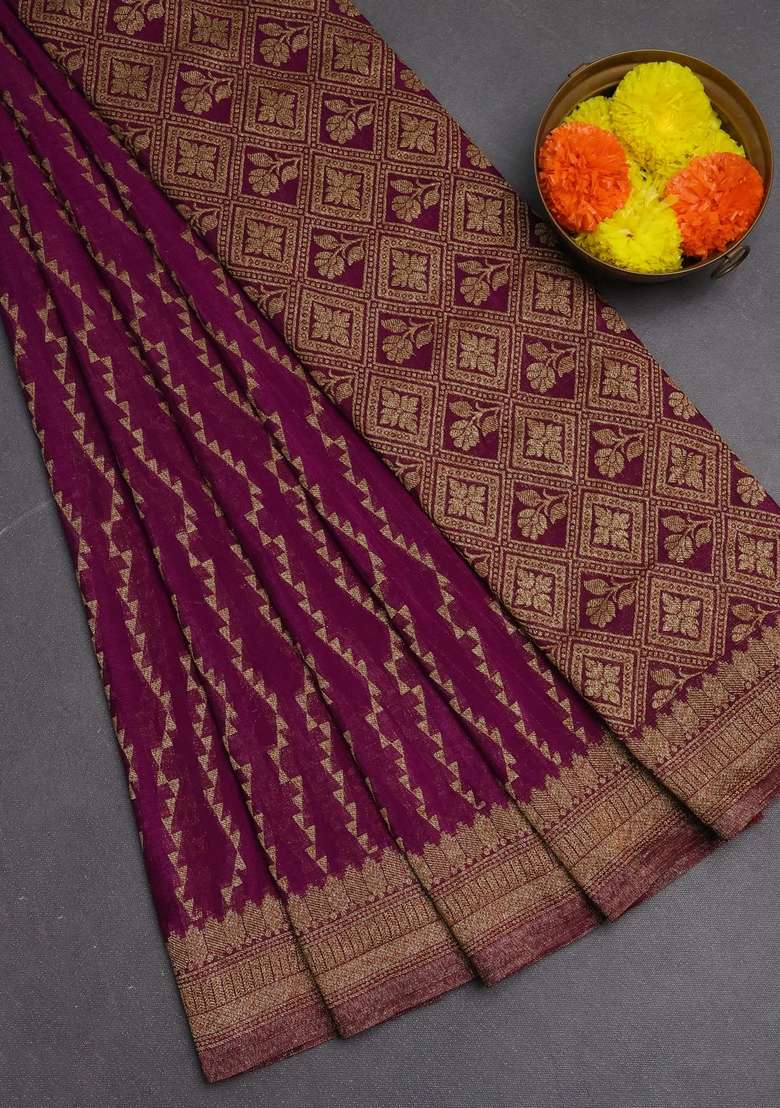 Banarasi Semi Crepe Saree Purple With Allover Geometric Weaves And Woven Border With Traditional Woven Design For Women - Indya