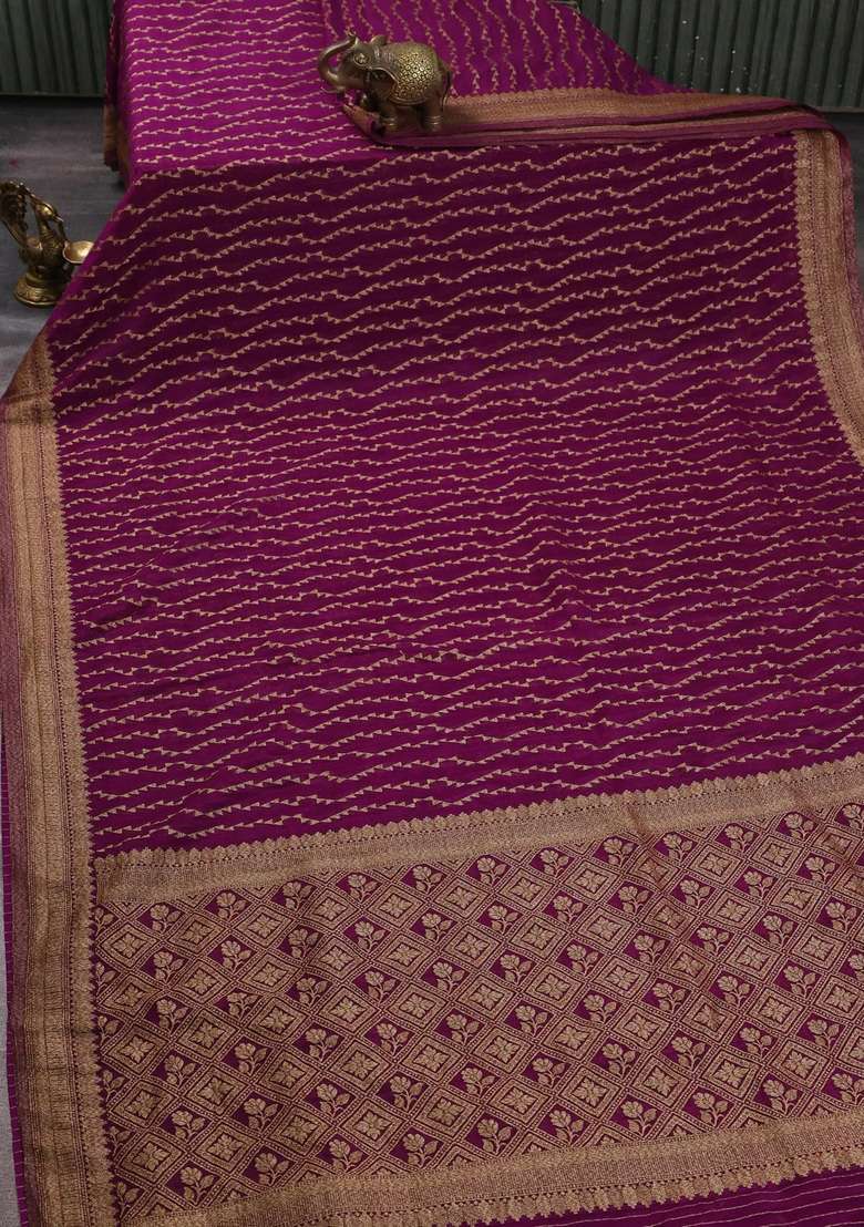 Banarasi Semi Crepe Saree Purple With Allover Geometric Weaves And Woven Border With Traditional Woven Design For Women - Indya