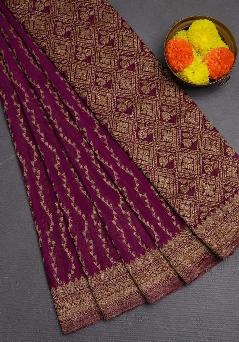 Banarasi Semi Crepe Saree Purple With Allover Geometric Weaves And Woven Border With Traditional Woven Design For Women