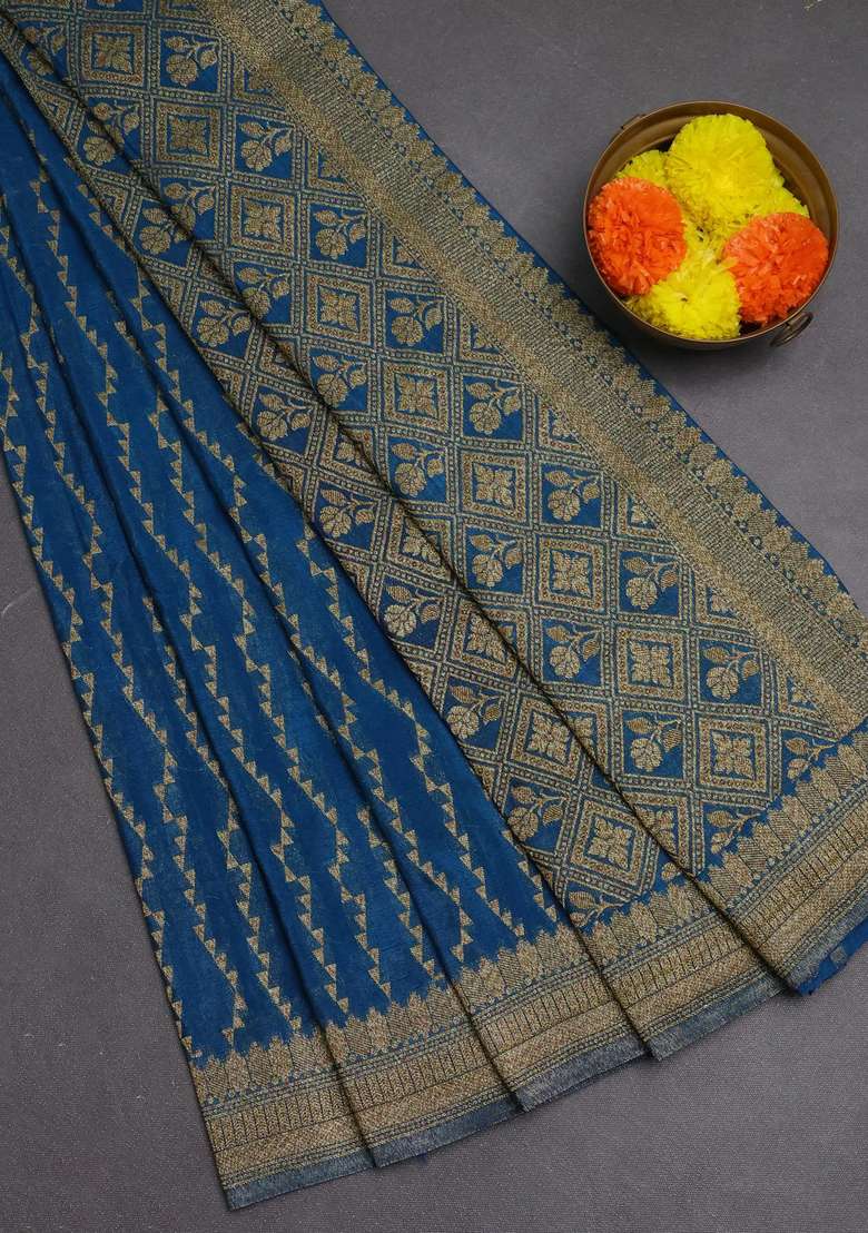 Banarasi Semi Crepe Saree Cs Blue With Allover Geometric Weaves And Woven Border With Traditional Woven Design For Women - Indya