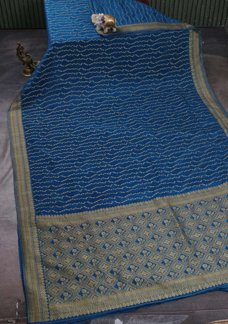 Banarasi Semi Crepe Saree Cs Blue With Allover Geometric Weaves And Woven Border With Traditional Woven Design For Women - Indya