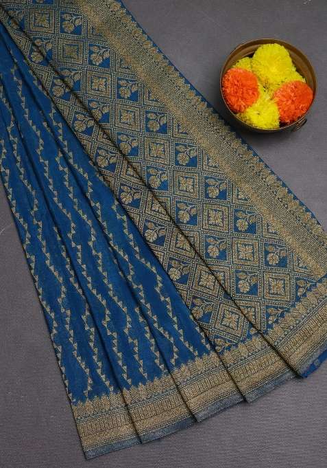 Banarasi Semi Crepe Saree Cs Blue With Allover Geometric Weaves And Woven Border With Traditional Woven Design For Women