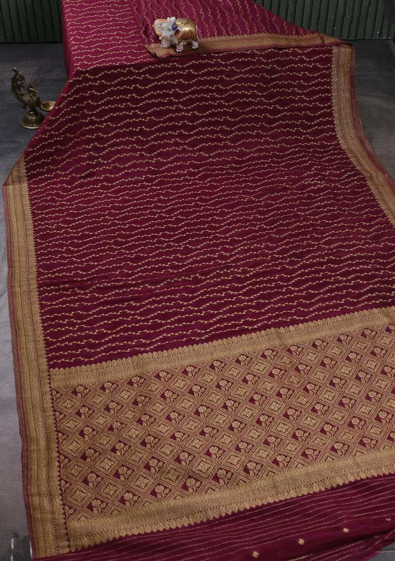 Banarasi Semi Crepe Saree Wine Shade With Allover Geometric Weaves And Woven Border With Traditional Woven Design For Women - Indya