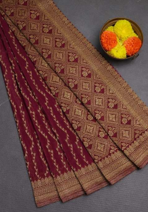 Banarasi Semi Crepe Saree Wine Shade With Allover Geometric Weaves And Woven Border With Traditional Woven Design For Women