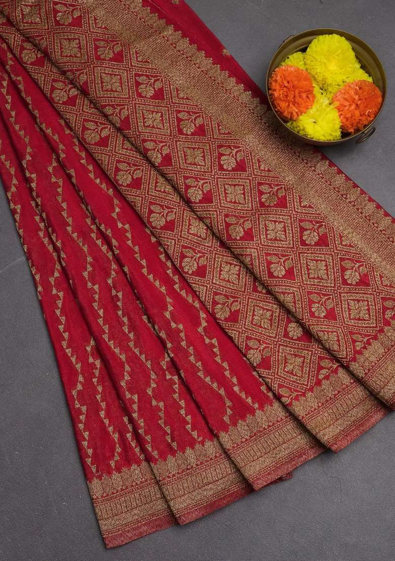 Banarasi Semi Crepe Saree Red With Allover Geometric Weaves And Woven Border With Traditional Woven Design For Women - Indya