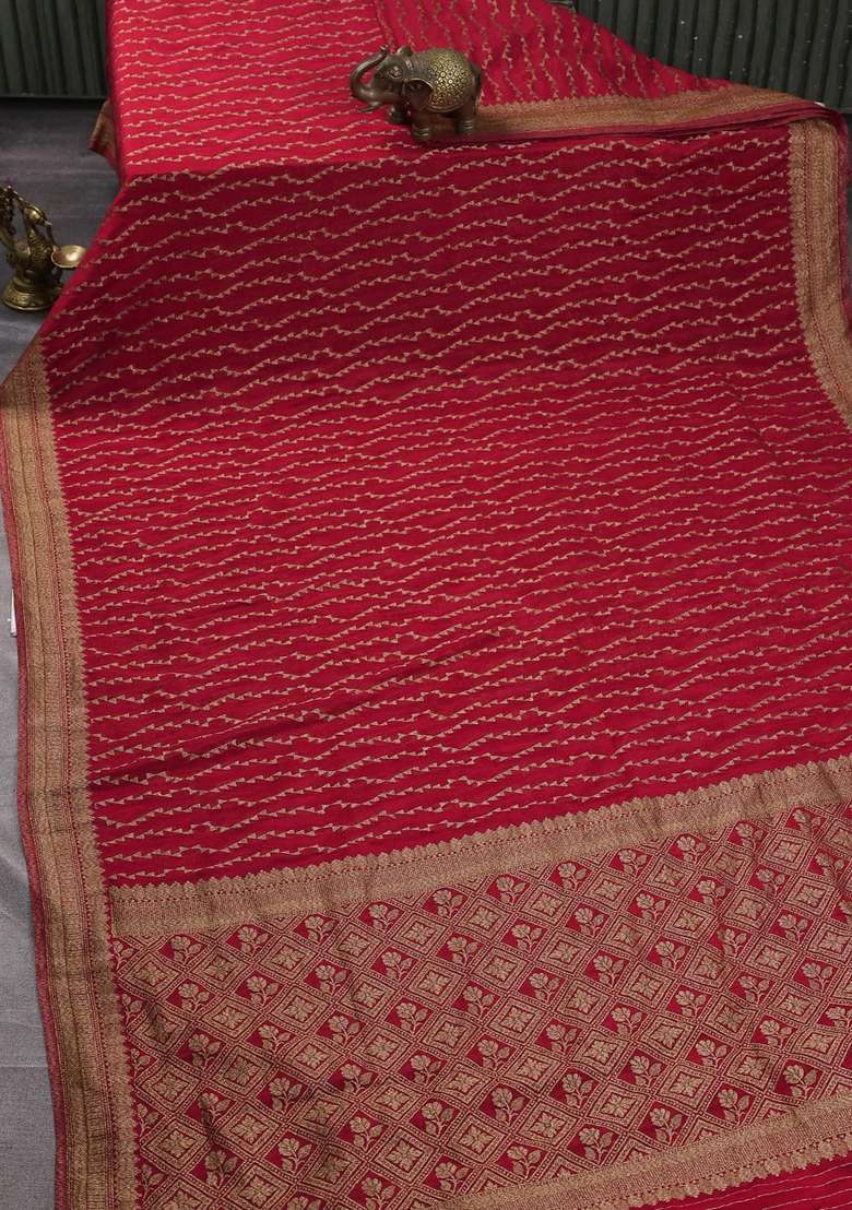 Banarasi Semi Crepe Saree Red With Allover Geometric Weaves And Woven Border With Traditional Woven Design For Women - Indya