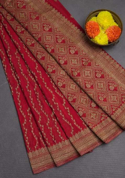 Banarasi Semi Crepe Saree Red With Allover Geometric Weaves And Woven Border With Traditional Woven Design For Women
