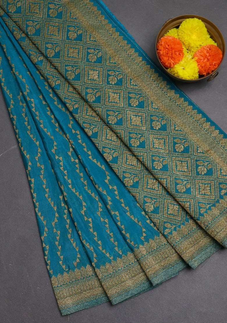 Banarasi Semi Crepe Saree Teal Blue With Allover Geometric Weaves And Woven Border With Traditional Woven Design For Women - Indya