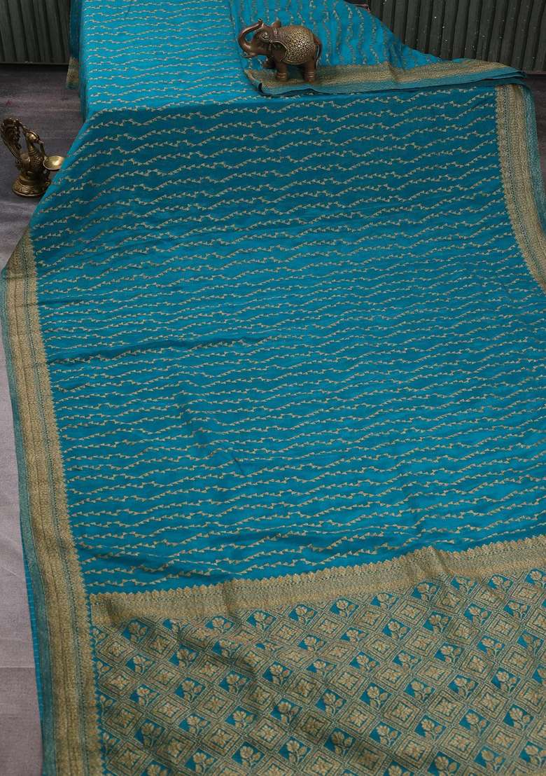 Banarasi Semi Crepe Saree Teal Blue With Allover Geometric Weaves And Woven Border With Traditional Woven Design For Women - Indya