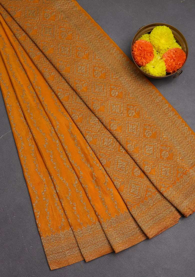 Banarasi Semi Crepe Saree Mango Yellow With Allover Geometric Weaves And Woven Border With Traditional Woven Design For Women - Indya