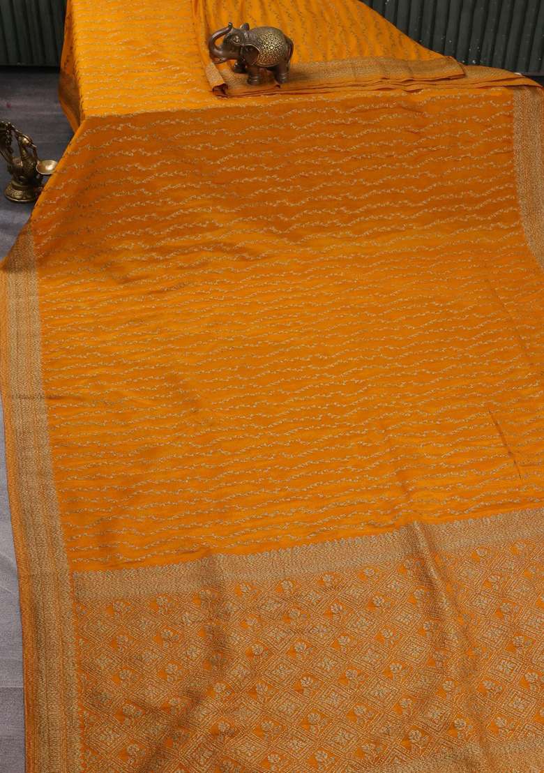 Banarasi Semi Crepe Saree Mango Yellow With Allover Geometric Weaves And Woven Border With Traditional Woven Design For Women - Indya