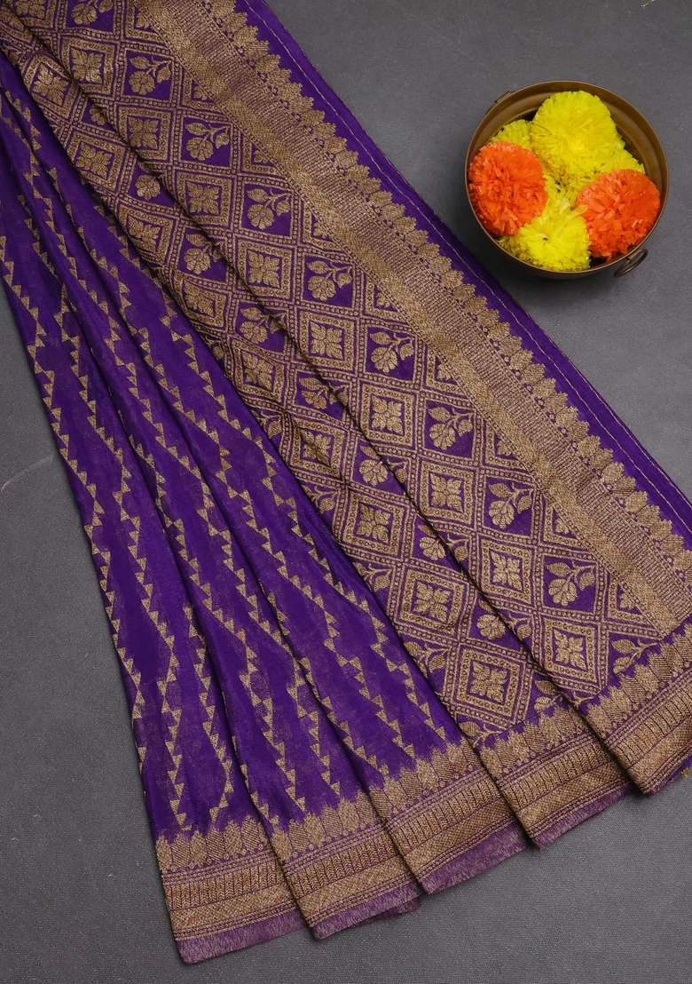 Banarasi Semi Crepe Saree Violet With Allover Geometric Weaves And Woven Border With Traditional Woven Design For Women - Indya
