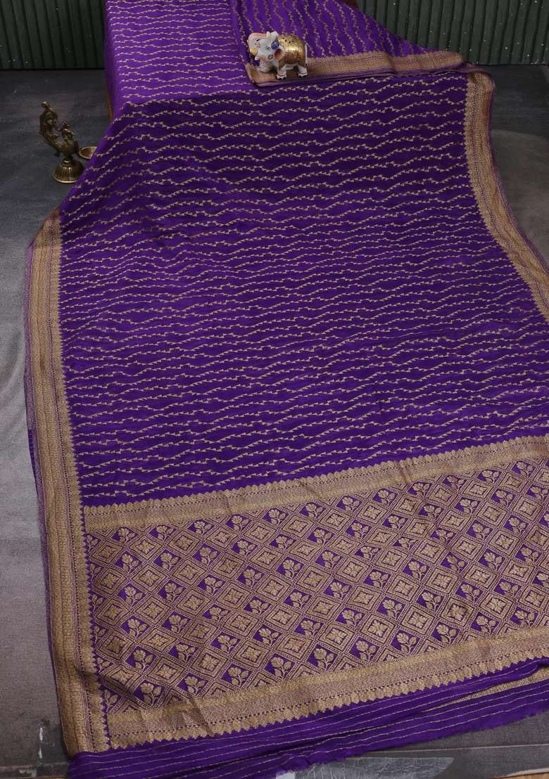 Banarasi Semi Crepe Saree Violet With Allover Geometric Weaves And Woven Border With Traditional Woven Design For Women - Indya