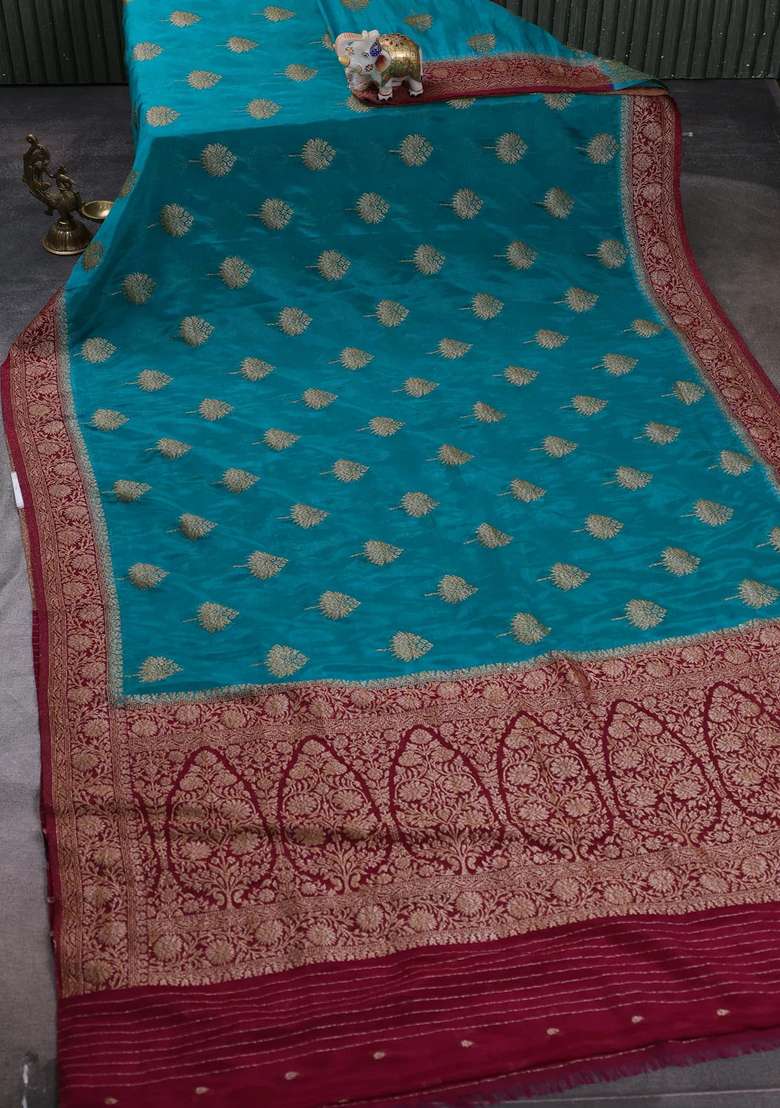 Banarasi Semi Crepe Saree Teal Blue And Dark Pink With Woven Buttas And Woven Border With Buttas And Brocade Design For Women - Indya
