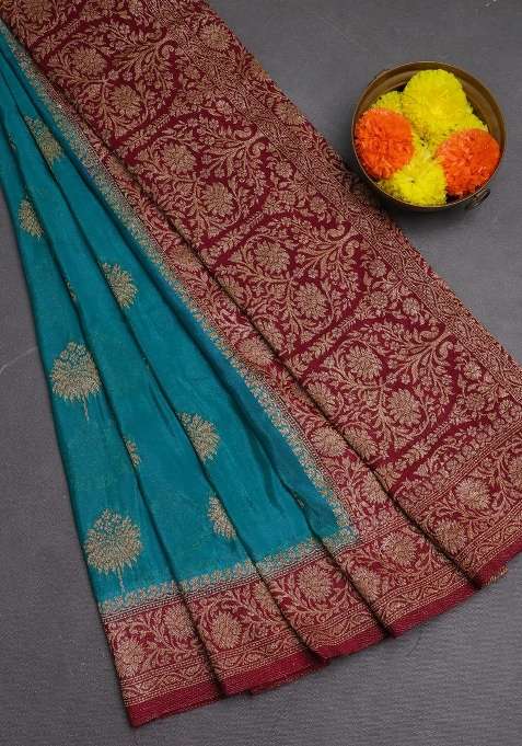 Banarasi Semi Crepe Saree Teal Blue And Dark Pink With Woven Buttas And Woven Border With Buttas And Brocade Design For Women