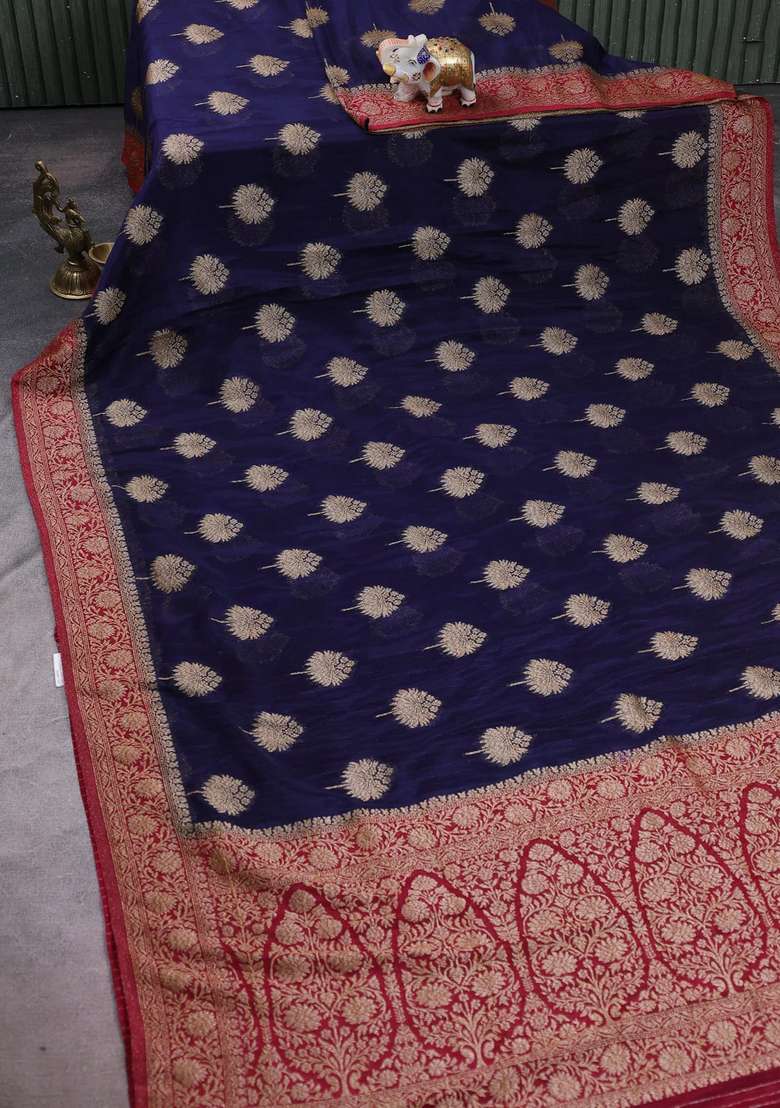 Banarasi Semi Crepe Saree Navy Blue And Dark Pink With Woven Buttas And Woven Border With Buttas And Brocade Design For Women - Indya