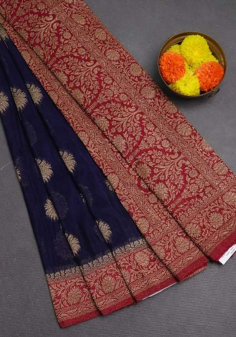 Banarasi Semi Crepe Saree Navy Blue And Dark Pink With Woven Buttas And Woven Border With Buttas And Brocade Design For Women