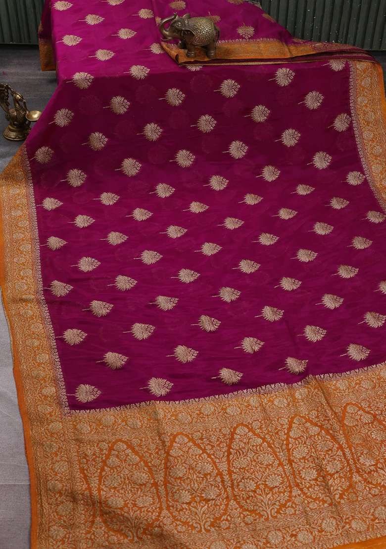 Banarasi Semi Crepe Saree Purple And Mustard Yellow With Woven Buttas And Woven Border With Buttas And Brocade Design For Women - Indya