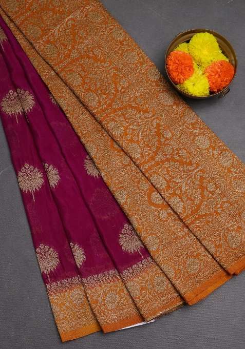 Banarasi Semi Crepe Saree Purple And Mustard Yellow With Woven Buttas And Woven Border With Buttas And Brocade Design For Women