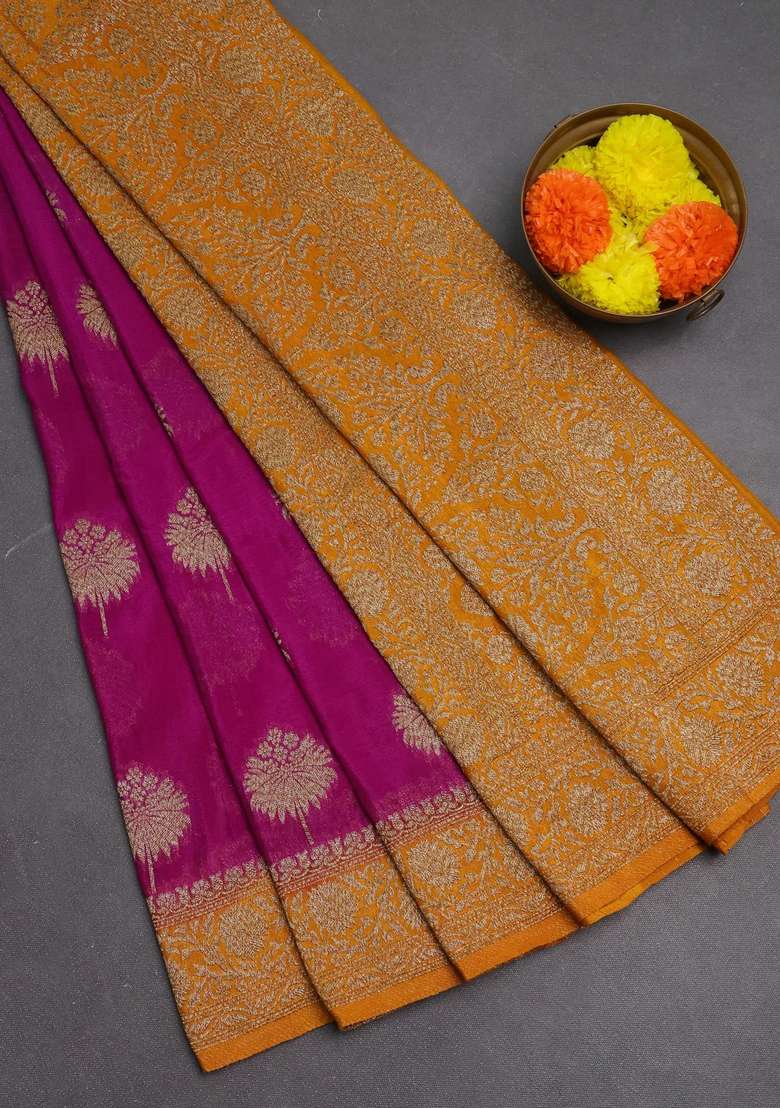 Banarasi Semi Crepe Saree Purple And Mustard Yellow With Woven Buttas And Woven Border With Buttas And Brocade Design For Women - Indya