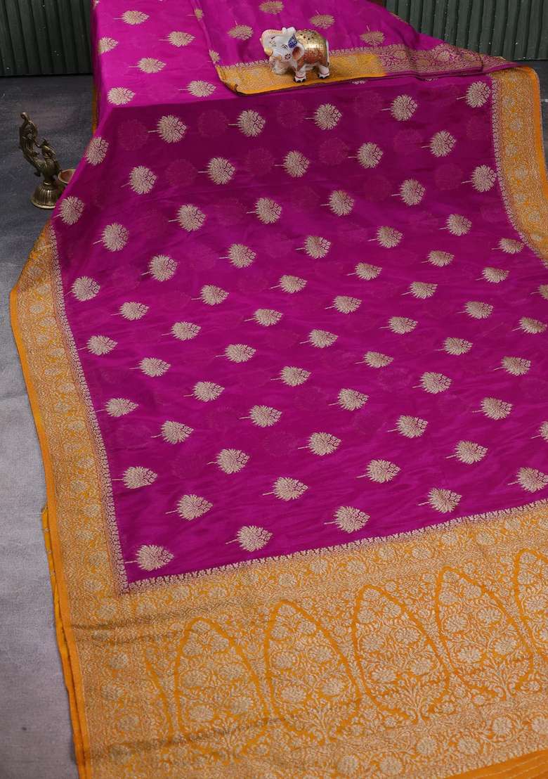 Banarasi Semi Crepe Saree Purple And Mustard Yellow With Woven Buttas And Woven Border With Buttas And Brocade Design For Women - Indya