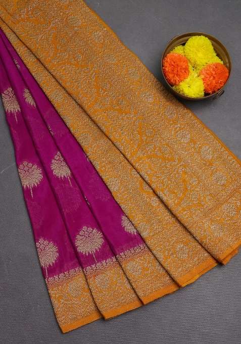 Banarasi Semi Crepe Saree Purple And Mustard Yellow With Woven Buttas And Woven Border With Buttas And Brocade Design For Women