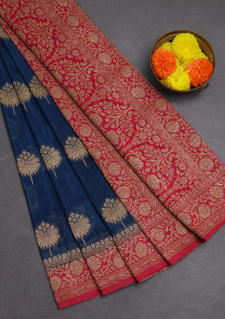 Banarasi Semi Crepe Saree Peacock Blue And Pink With Woven Buttas And Woven Border With Buttas And Brocade Design For Women - Indya