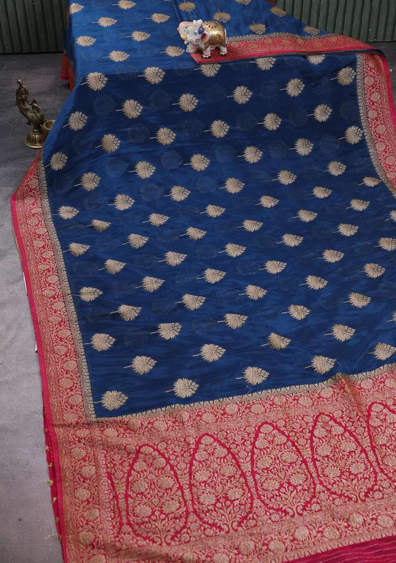 Banarasi Semi Crepe Saree Peacock Blue And Pink With Woven Buttas And Woven Border With Buttas And Brocade Design For Women - Indya