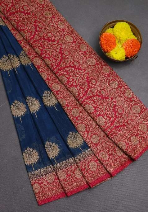 Banarasi Semi Crepe Saree Peacock Blue And Pink With Woven Buttas And Woven Border With Buttas And Brocade Design For Women