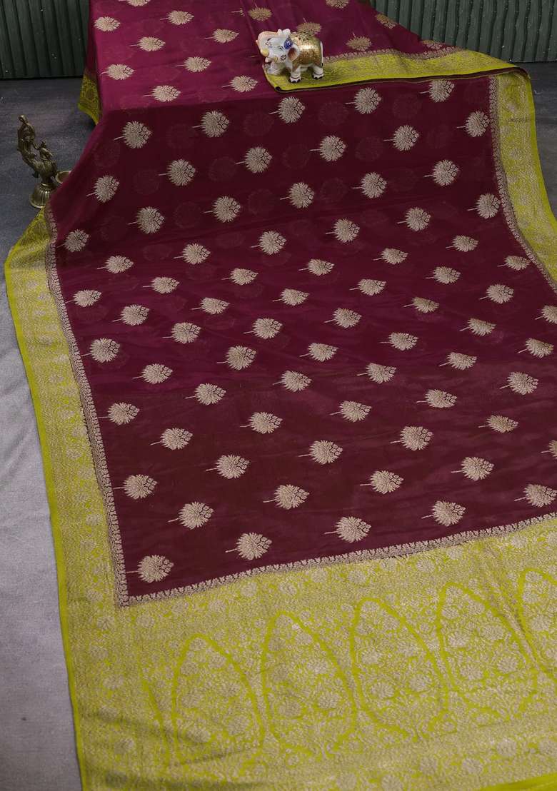 Banarasi Semi Crepe Saree Dark Magenta Pink And Lime Green With Woven Buttas And Woven Border With Buttas And Brocade Design For Women - Indya