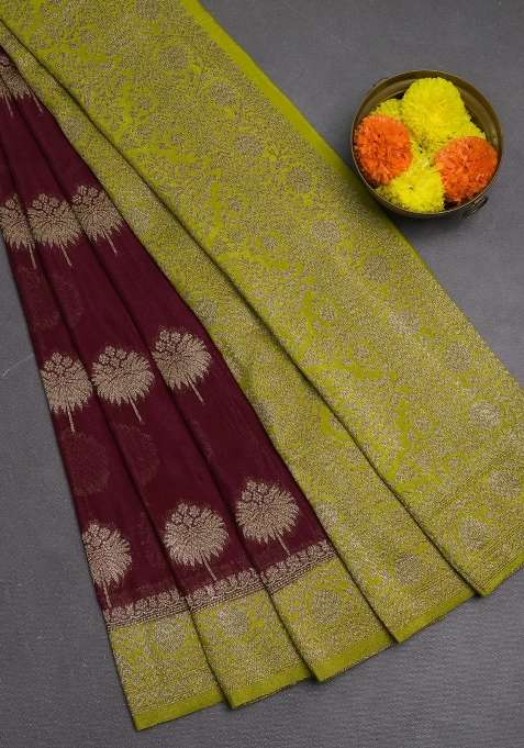 Banarasi Semi Crepe Saree Dark Magenta Pink And Lime Green With Woven Buttas And Woven Border With Buttas And Brocade Design For Women
