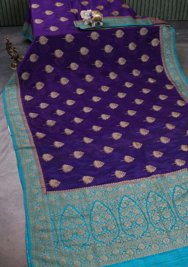 Banarasi Semi Crepe Saree Violet And Teal Blue With Woven Buttas And Woven Border With Buttas And Brocade Design For Women - Indya
