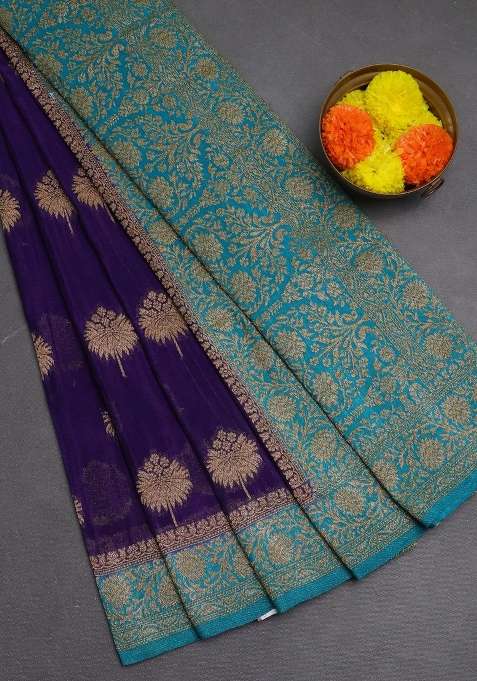 Banarasi Semi Crepe Saree Violet And Teal Blue With Woven Buttas And Woven Border With Buttas And Brocade Design For Women