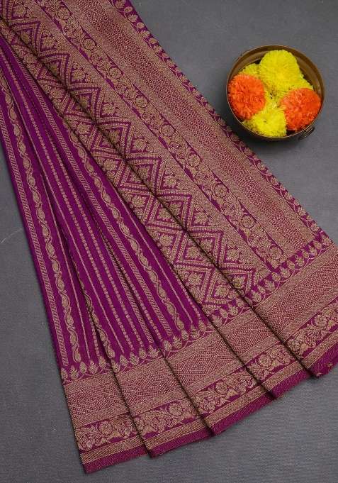 Banarasi Semi Crepe Saree Purple With Allover Thread Zari Weaves And Woven Border With Traditional Woven Design For Women