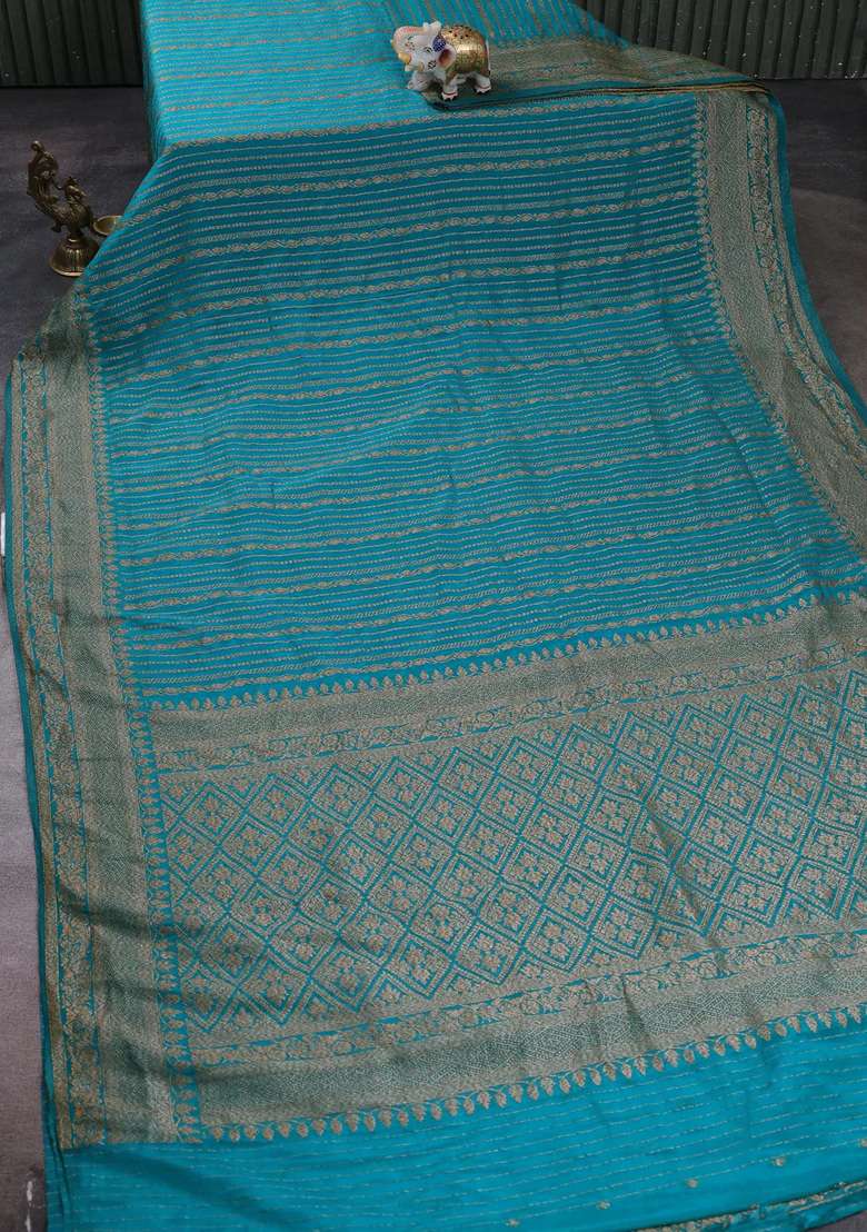 Banarasi Semi Crepe Saree Teal Blue With Allover Thread Zari Weaves And Woven Border With Traditional Woven Design For Women - Indya