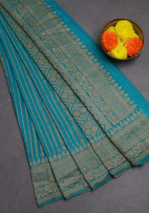 Banarasi Semi Crepe Saree Teal Blue With Allover Thread Zari Weaves And Woven Border With Traditional Woven Design For Women