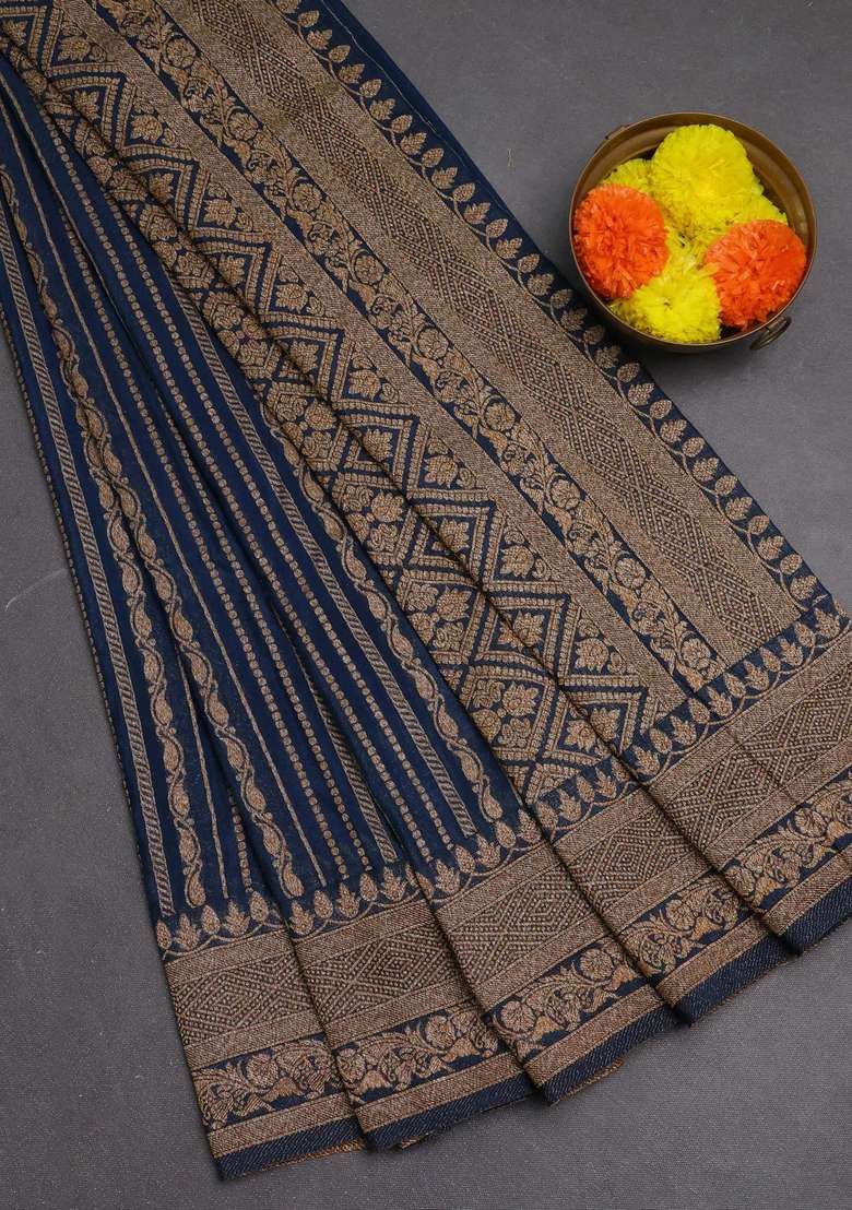 Banarasi Semi Crepe Saree Peacock Blue With Allover Thread Zari Weaves And Woven Border With Traditional Woven Design For Women - Indya