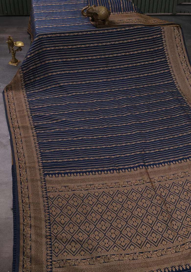 Banarasi Semi Crepe Saree Peacock Blue With Allover Thread Zari Weaves And Woven Border With Traditional Woven Design For Women - Indya