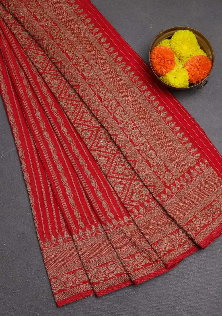 Banarasi Semi Crepe Saree Red With Allover Thread Zari Weaves And Woven Border With Traditional Woven Design For Women - Indya