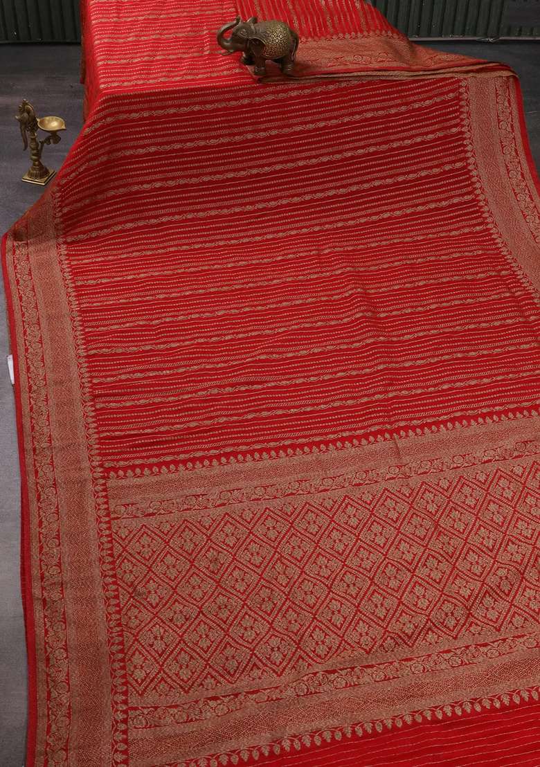 Banarasi Semi Crepe Saree Red With Allover Thread Zari Weaves And Woven Border With Traditional Woven Design For Women - Indya