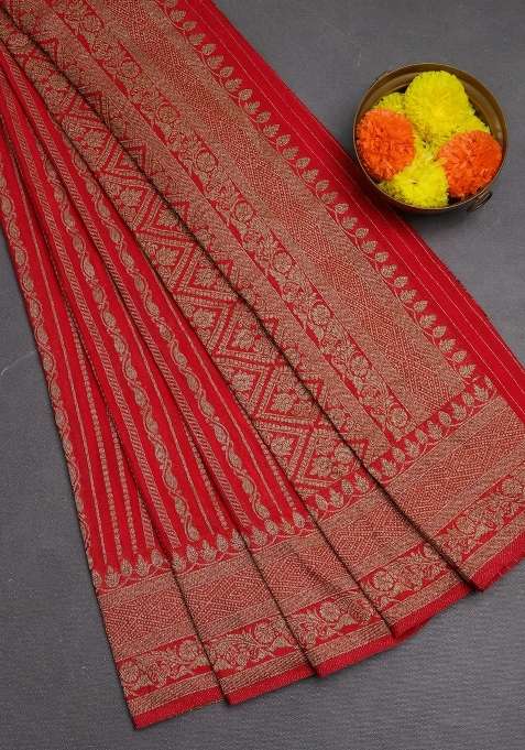 Banarasi Semi Crepe Saree Red With Allover Thread Zari Weaves And Woven Border With Traditional Woven Design For Women
