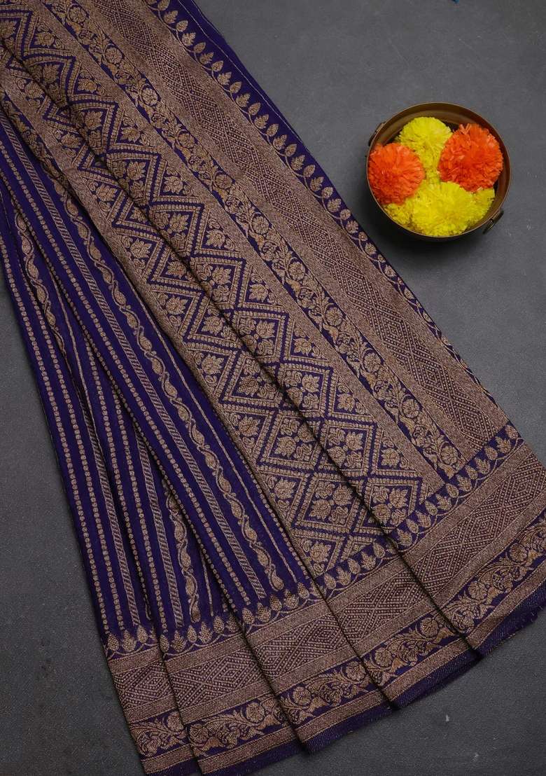 Banarasi Semi Crepe Saree Violet With Allover Thread Zari Weaves And Woven Border With Traditional Woven Design For Women - Indya