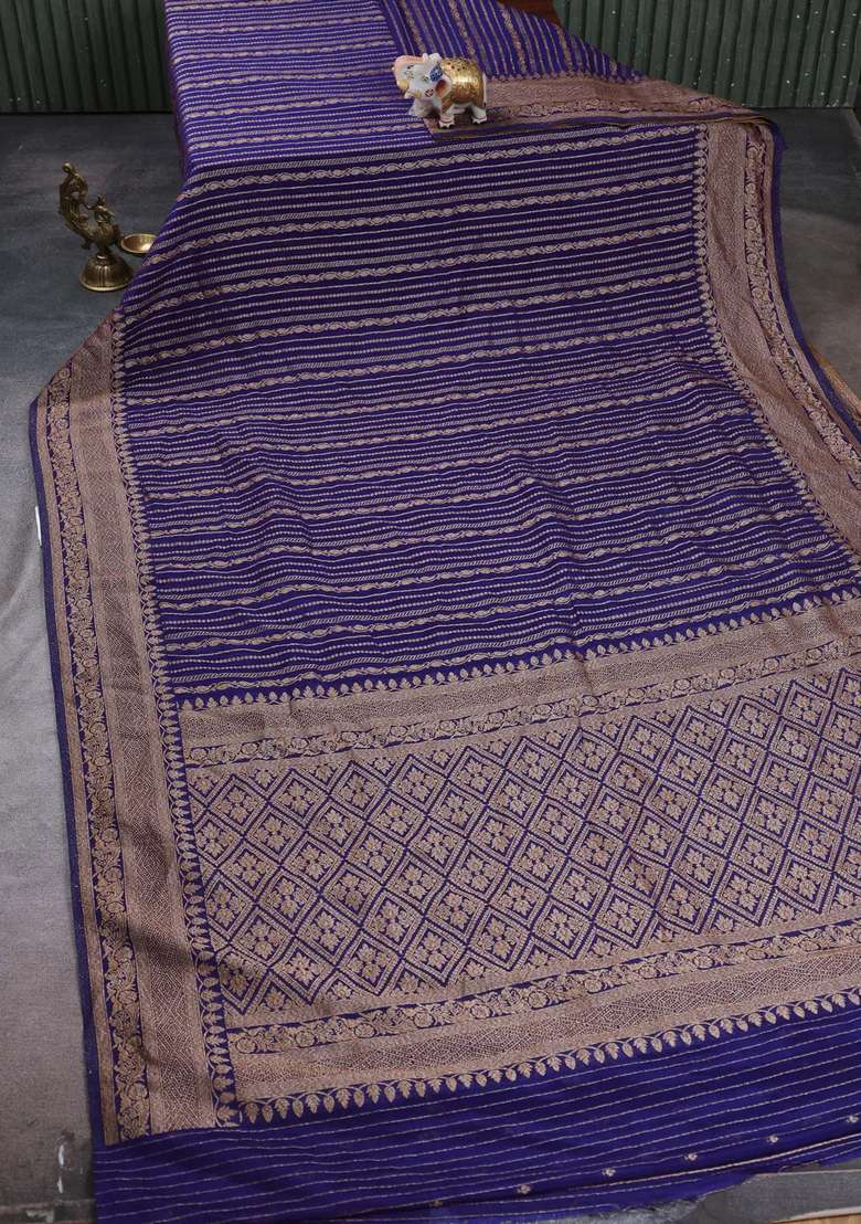 Banarasi Semi Crepe Saree Violet With Allover Thread Zari Weaves And Woven Border With Traditional Woven Design For Women - Indya