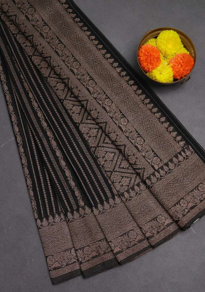 Banarasi Semi Crepe Saree Black With Allover Thread Zari Weaves And Woven Border With Traditional Woven Design For Women - Indya