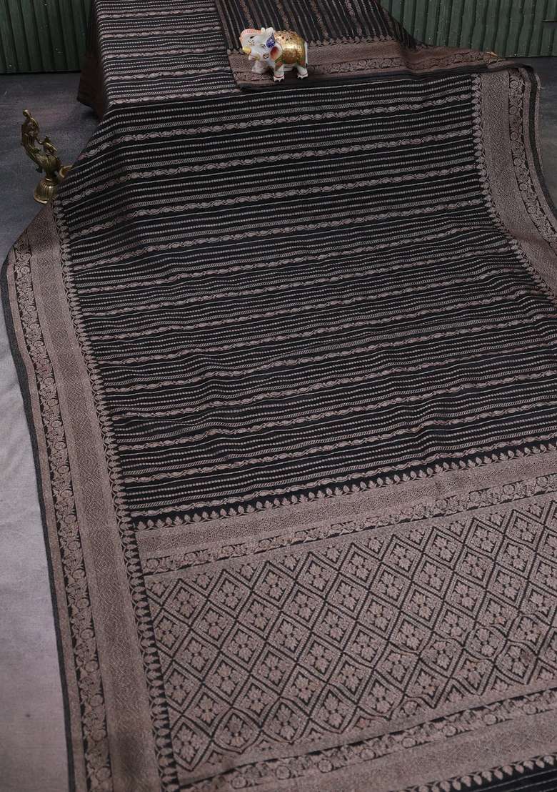 Banarasi Semi Crepe Saree Black With Allover Thread Zari Weaves And Woven Border With Traditional Woven Design For Women - Indya